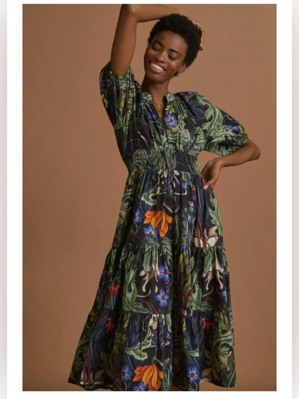 ANTHROPOLOGIE CONDITIONS APPLY Tropical Fauna Tiered Midi Dress Sz: 6